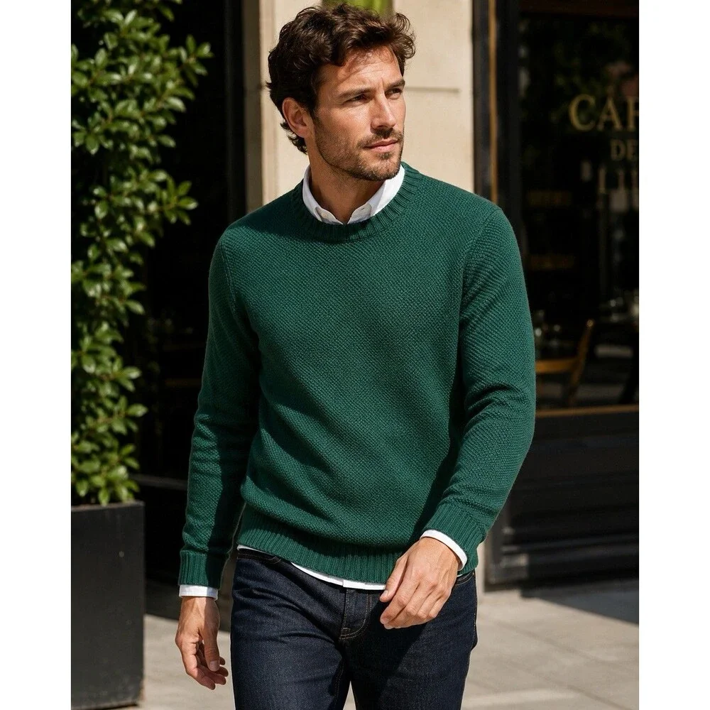 J Crew Sweater Mens S Green Crewneck Premium Basket-stitch Cotton Smart Casual